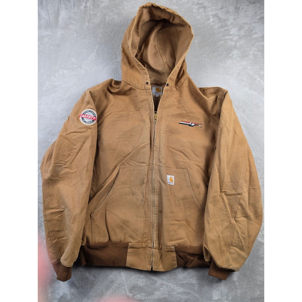 Carhartt J131 Thermal Lined Active Jacket Mens XL Brown Canvas Hood Workwear USA